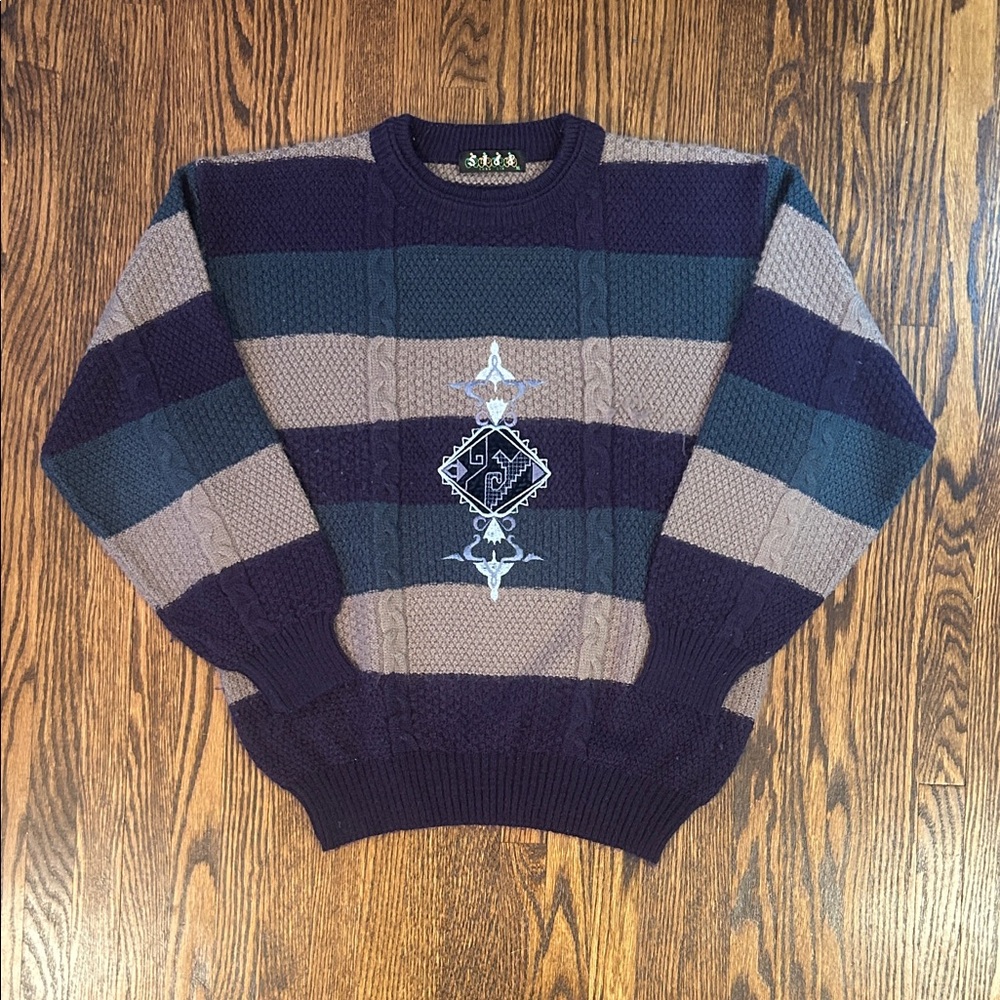 Vintage 90s Cable Knit Striped Embroidered Sweater